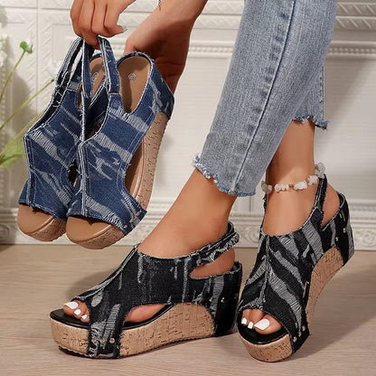 DenimLift - Women Cork Denim Wedge Sandals