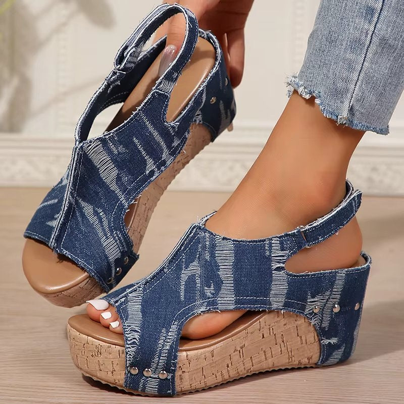 DenimLift - Women Cork Denim Wedge Sandals