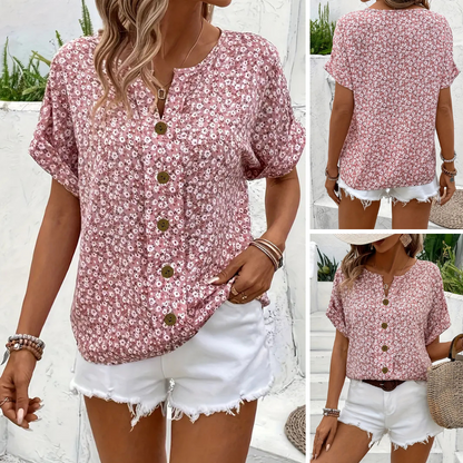 Cindy™ | Floral Print Notched Colour Blouse