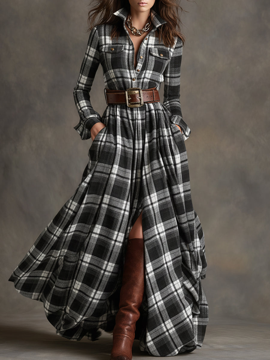 SIENNA – ELEGANT PLAID MAXI SHIRT DRESS