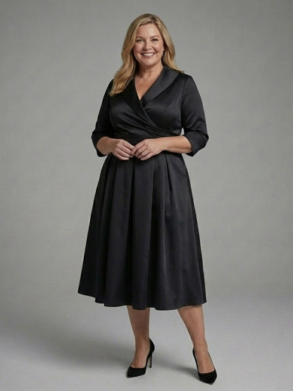 Genevieve | Three Quarter Sleeve Wrap Bodice Midi Dress