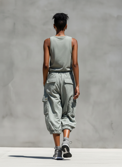 Two-Piece Women's Gray Sleeveless Tank Top and Cargo Shorts Set