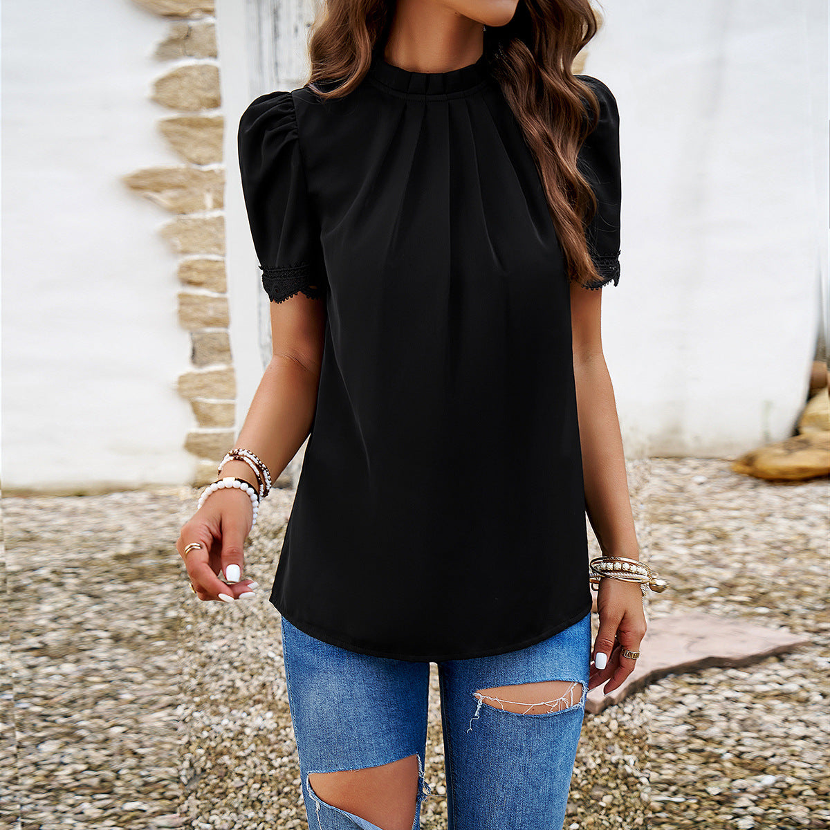 Audrey – Pleated High Neck Lace Blouse