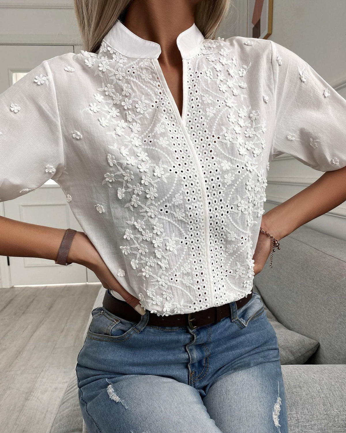 Enid | Embroidered Button-Front Blouse