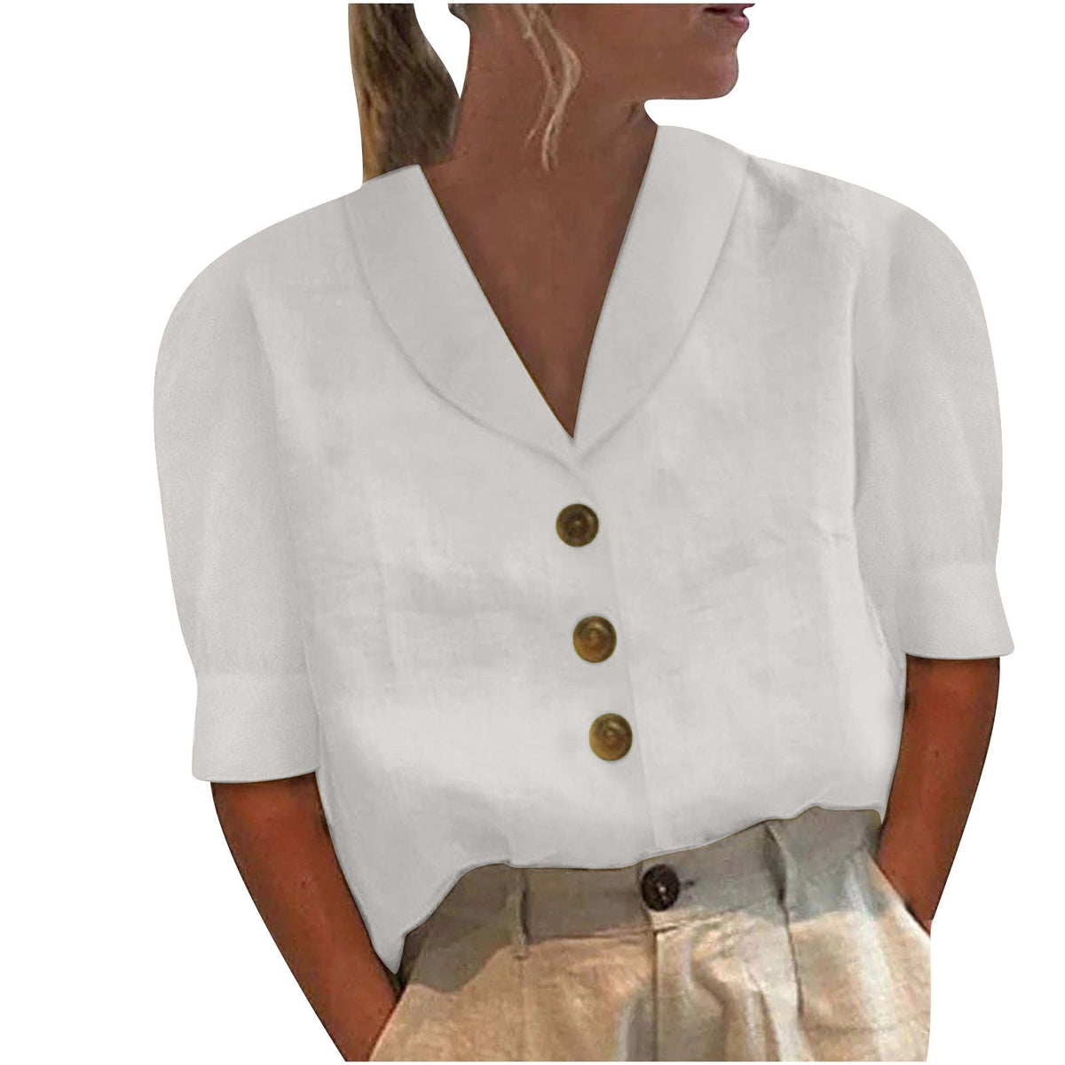 Retro-Chic Button-Up Blouse with Knotted Front