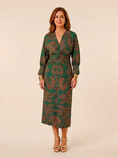 Corinna | Long Sleeve V Neck Twist Front Midi Dress