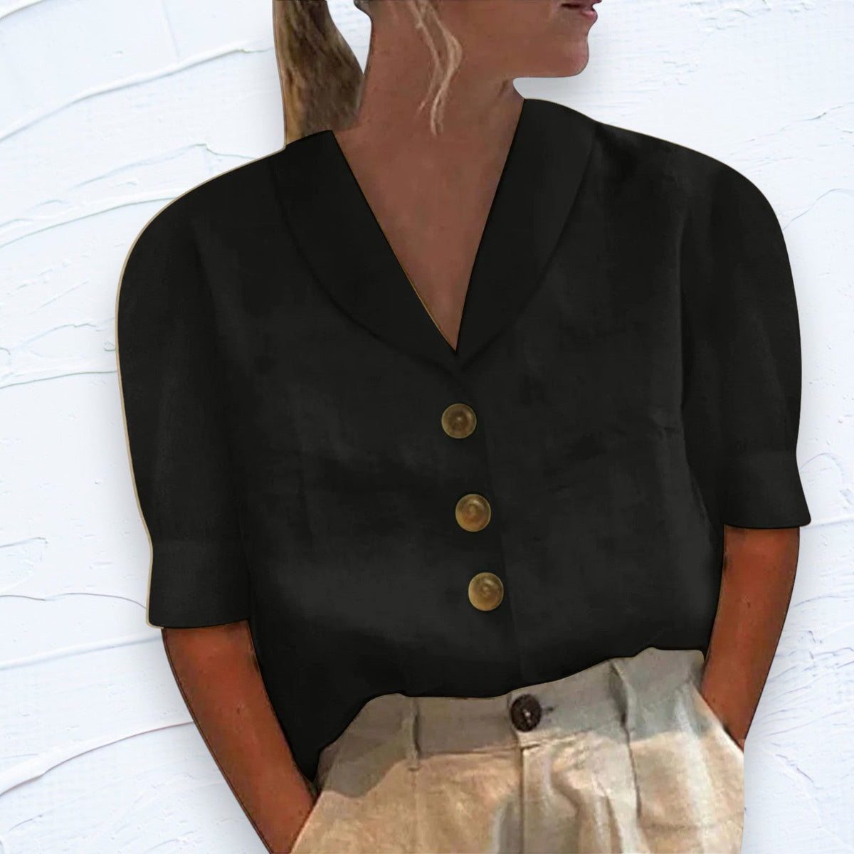 Retro-Chic Button-Up Blouse with Knotted Front