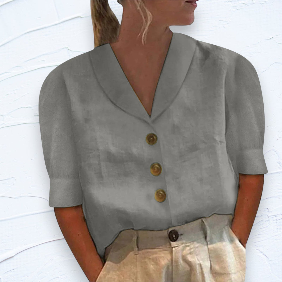 Retro-Chic Button-Up Blouse with Knotted Front