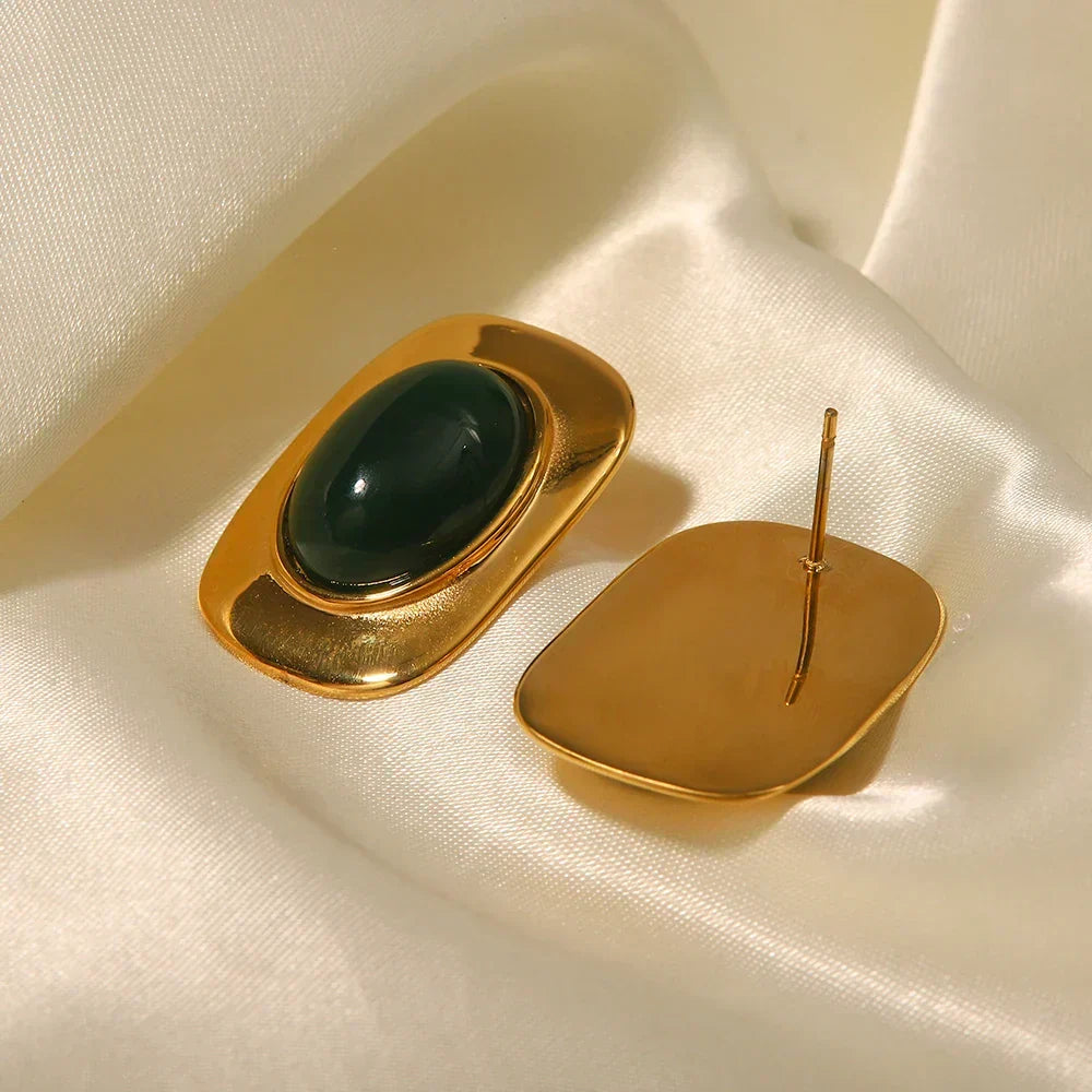 Vintage 18K Gold Plated Green Opal Oval Earrings