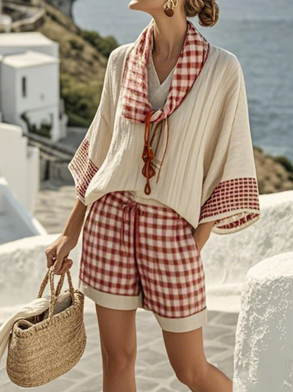 Short linen set with check pattern