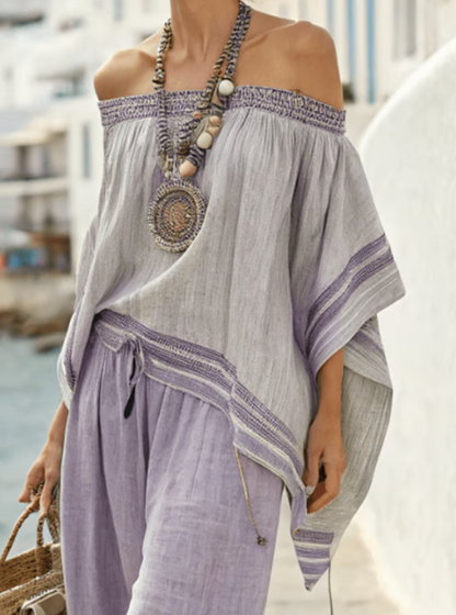 Two-Piece Linen Set with Off-the-Shoulder Design