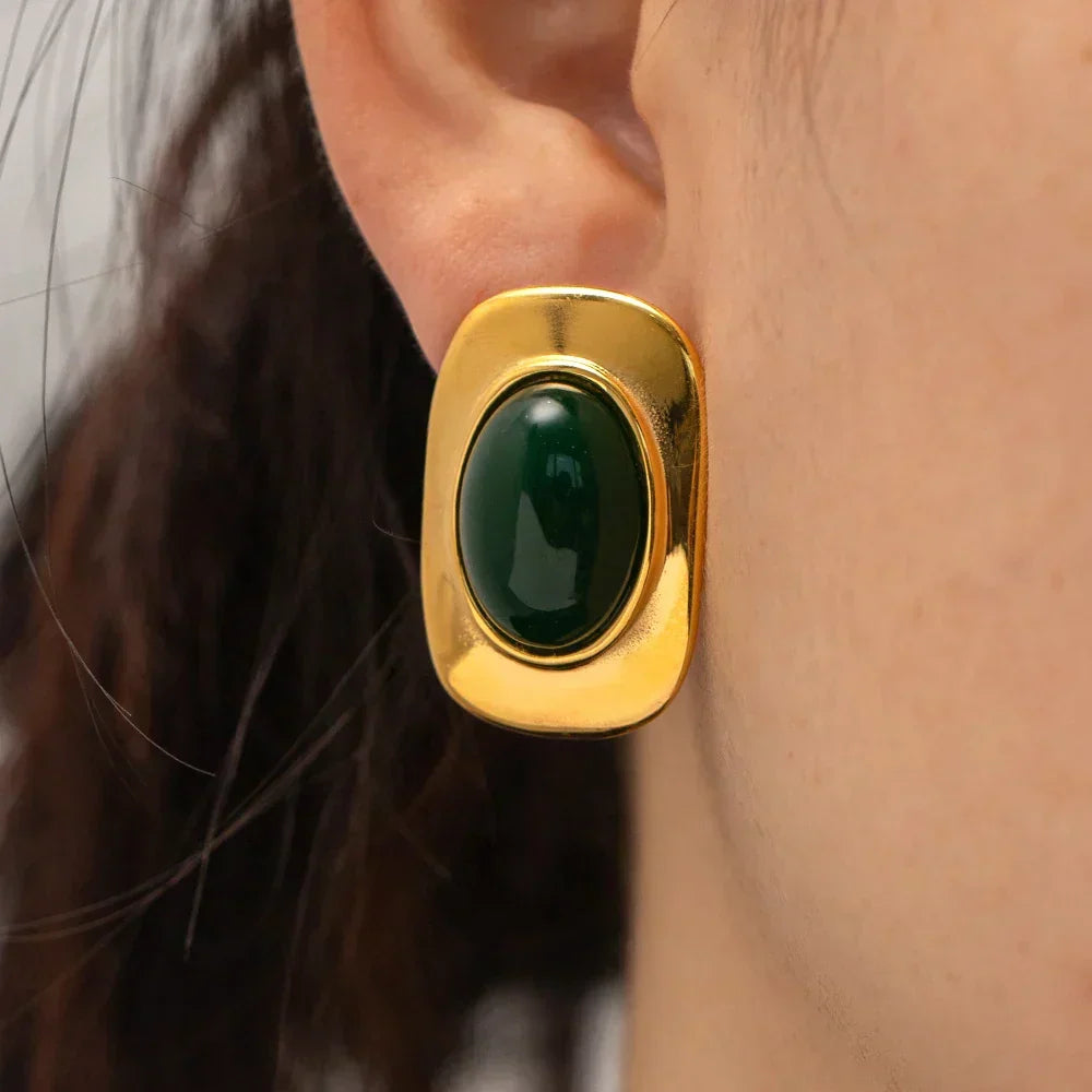 Vintage 18K Gold Plated Green Opal Oval Earrings