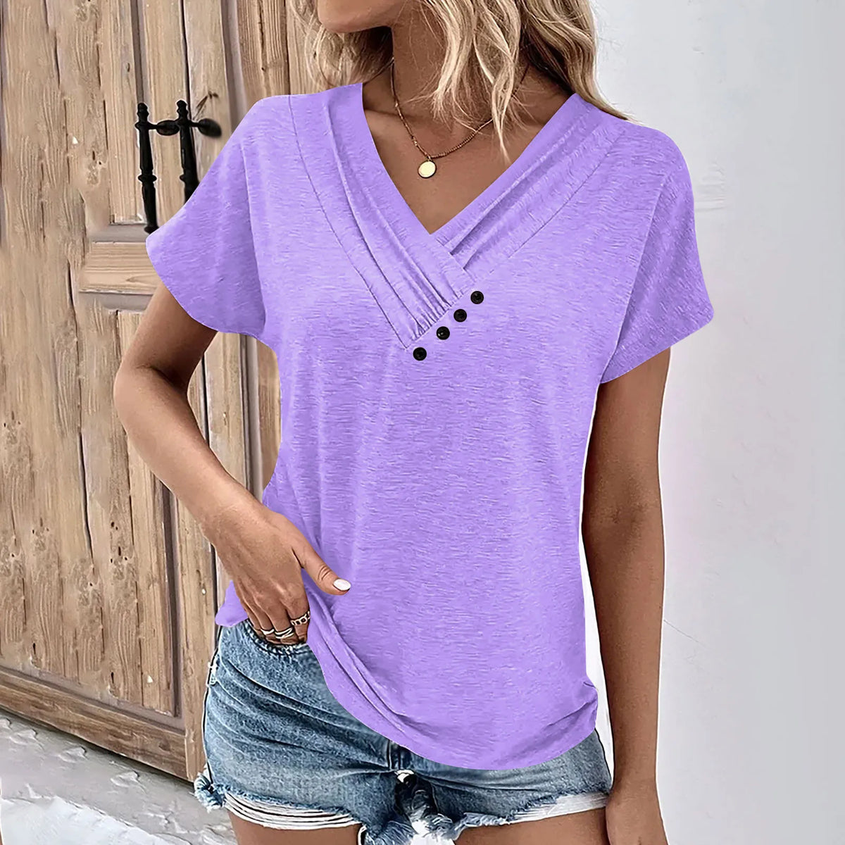 Maya- Ribbed Button V-Neck Tee
