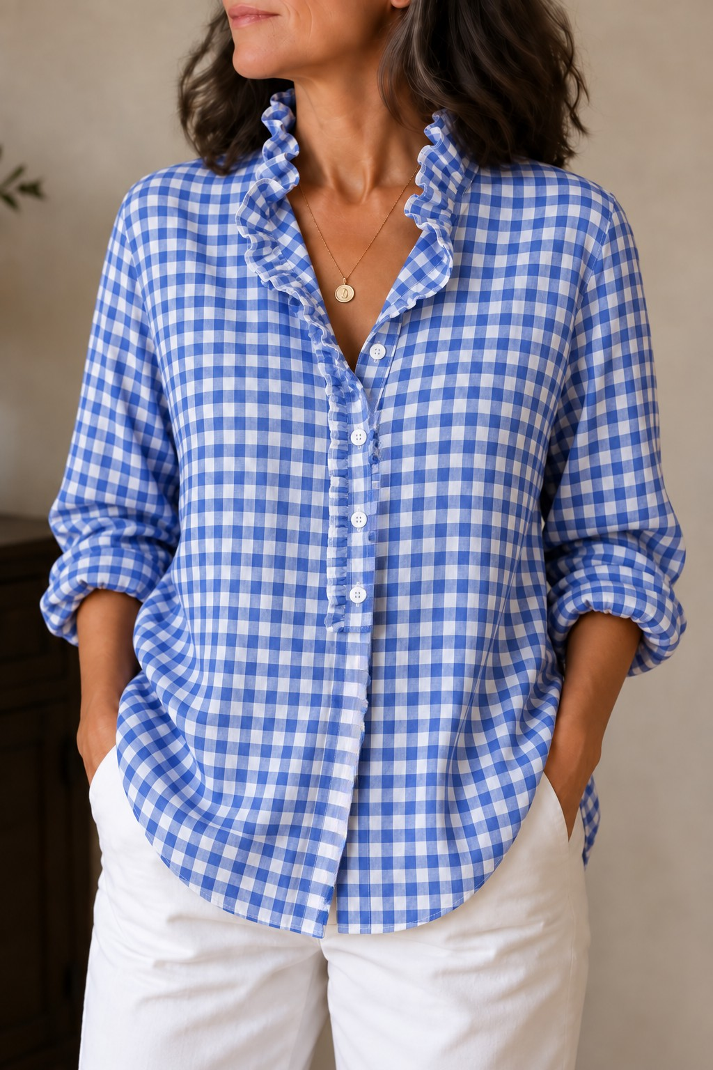 Rufina – Ruffled Collar Checked Print Blouse