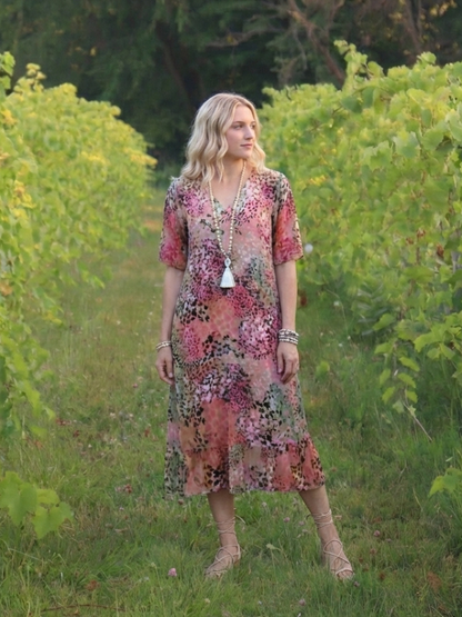 Althea | Short Sleeve V Neck Printed Midi Dress