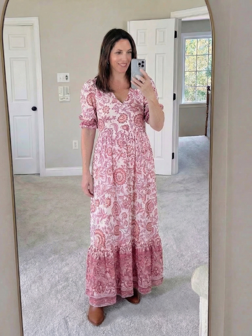 Calandra | Short Sleeve V Neck Floral Midi Dress