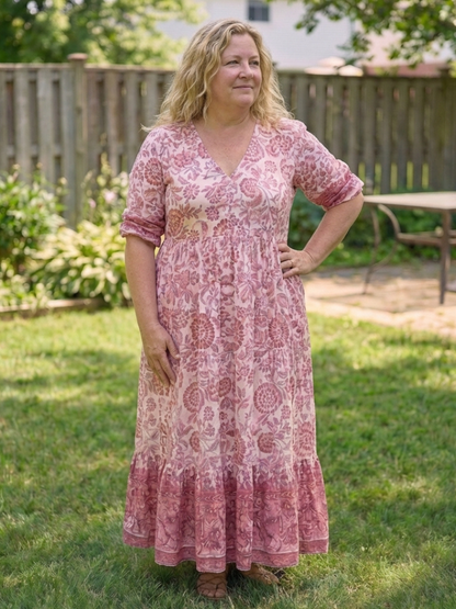 Calandra | Short Sleeve V Neck Floral Midi Dress