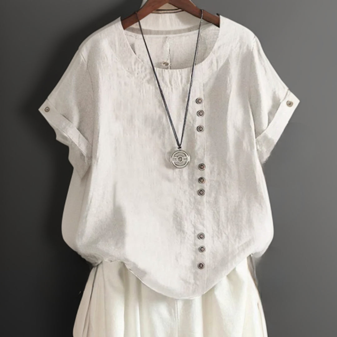 Joline┃T-shirt with Round Neck and Buttons