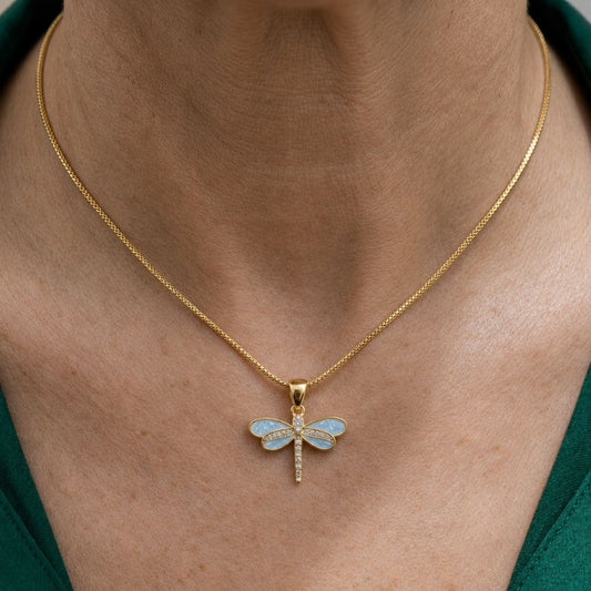 Dragonfly Necklace in Gold with Opal