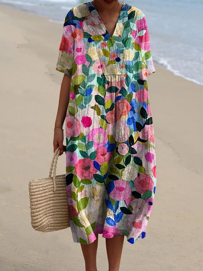 Casual Flowing Dress with Vintage Floral Print