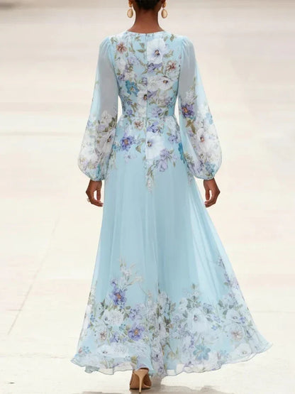 Mia | Light Blue Floral Chiffon V-Neck Maxi Dress