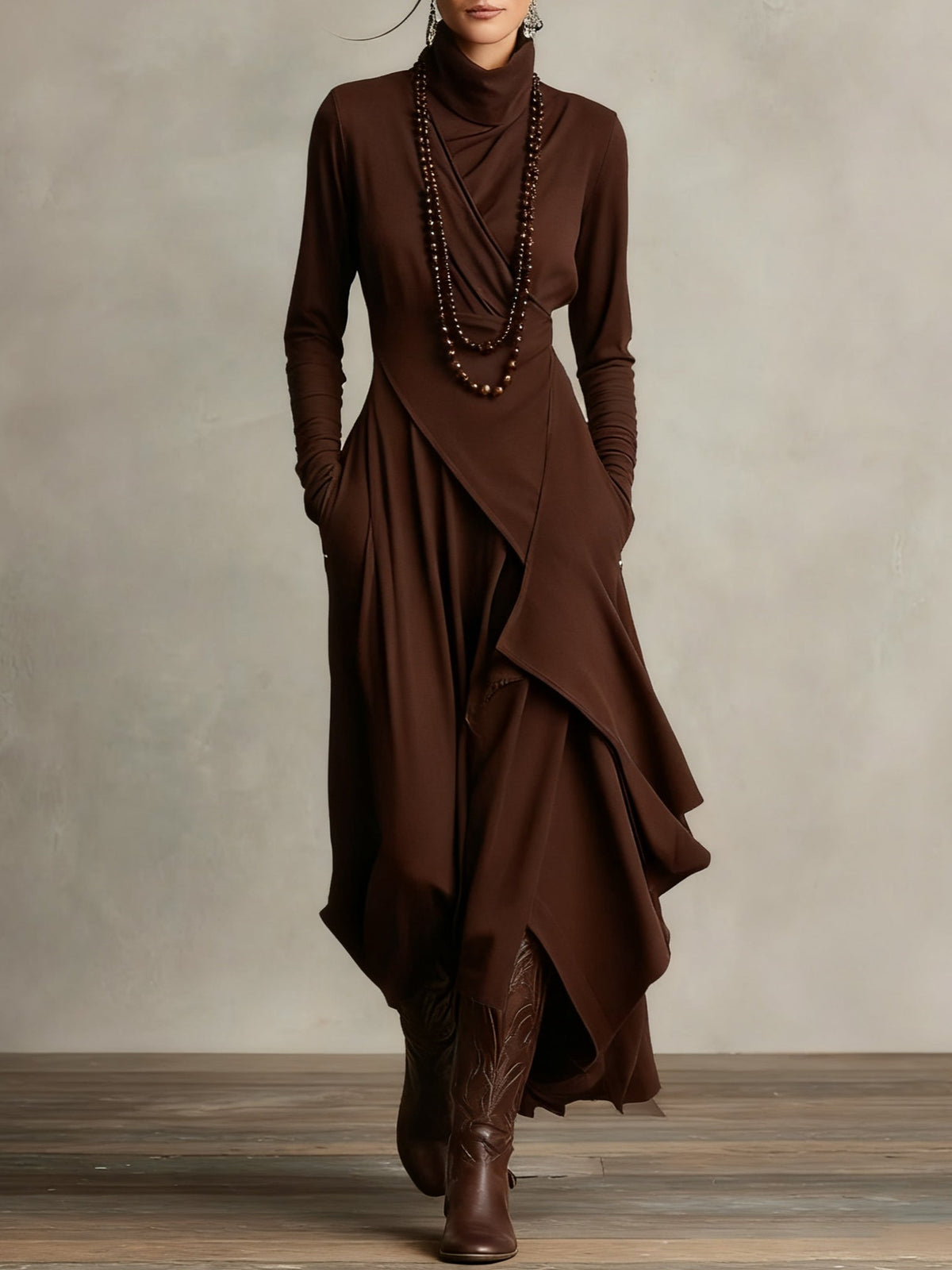 RENATA – ELEGANT ASYMMETRICAL MAXI DRESS WITH HIGH COLLAR
