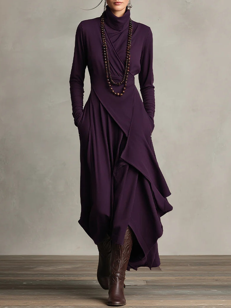 Solmira | Asymmetrical Pleated Maxi Dress with High Neck