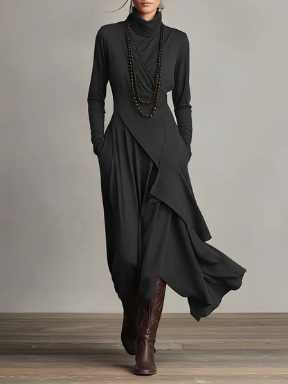 AZARI – REFINED DRAPED HIGH-NECK MIDI DRESS