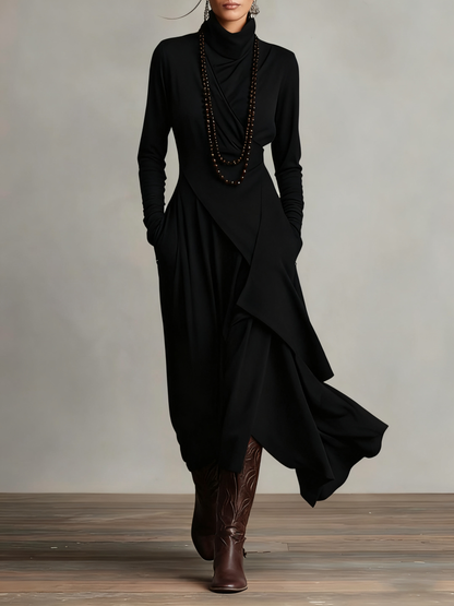 Solmira | Asymmetrical Pleated Maxi Dress with High Neck