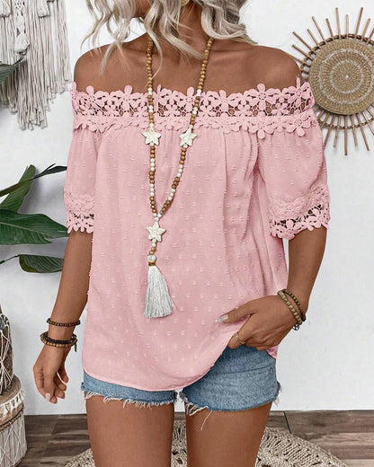 One-Shoulder Blouse with Lace and 3D Flower