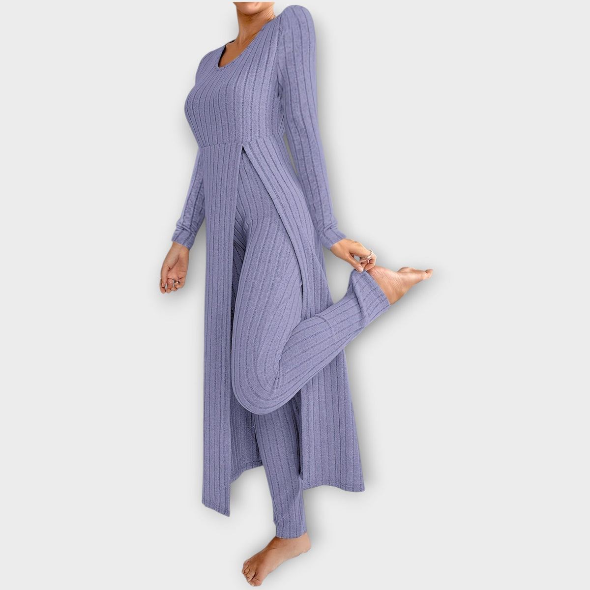 Ribbed Knit Lounge Set with Split Tunic