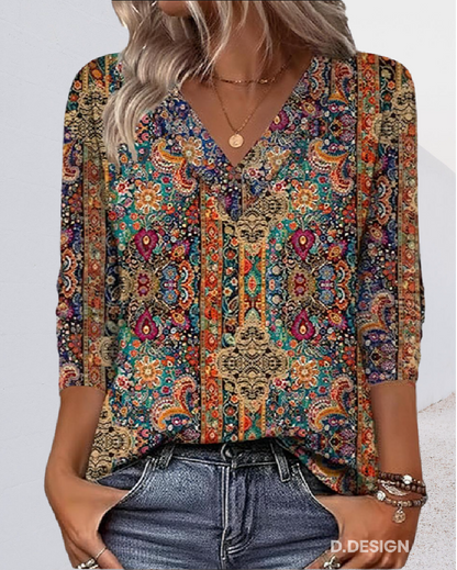 Retro Printed Blouse V-Neck