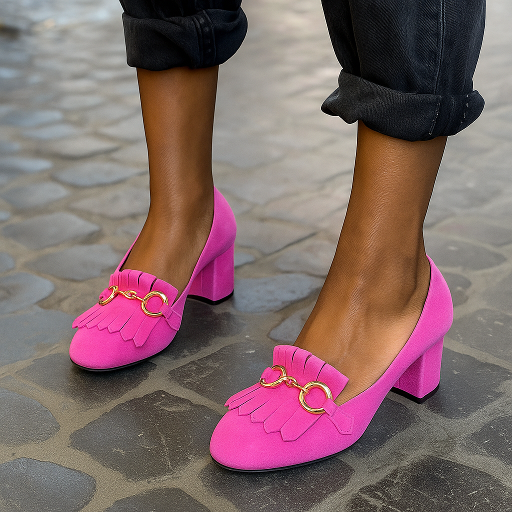 FLUORESCENT LOAFER WITH HEELS AND METAL DETAIL