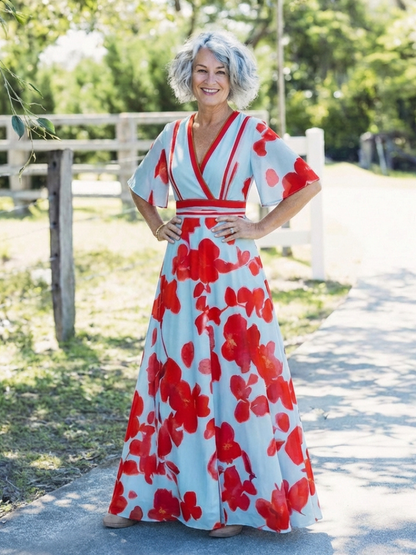 Corinne | V Neck Short Sleeve Floral Maxi Dress