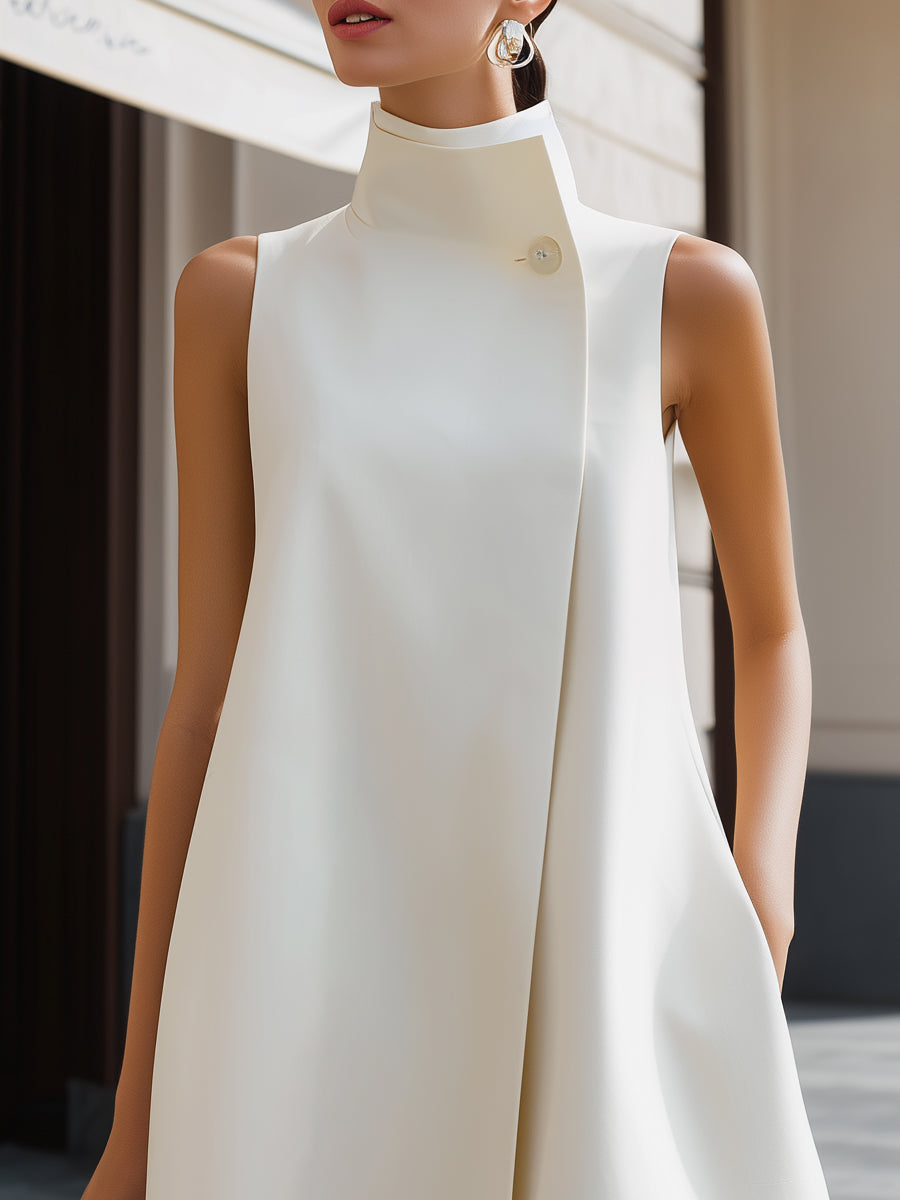 Asymmetric High-Neck Flowing A-Line Maxi Dress