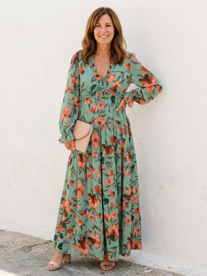 Elena | Long Sleeve V Neck Floral Maxi Dress