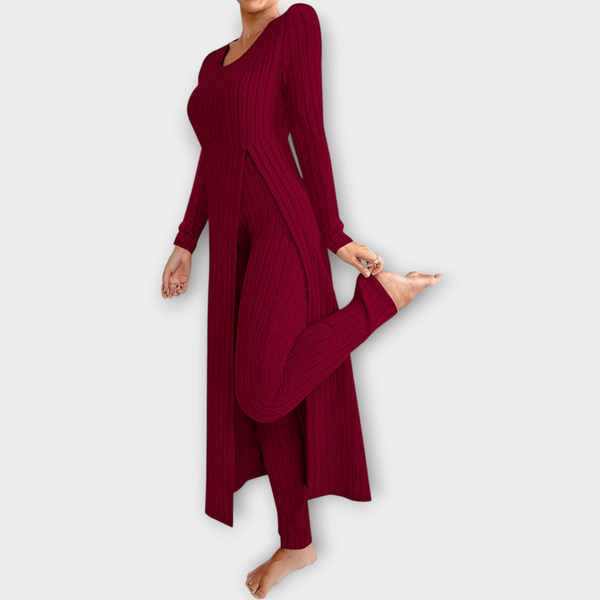 Ribbed Knit Lounge Set with Split Tunic