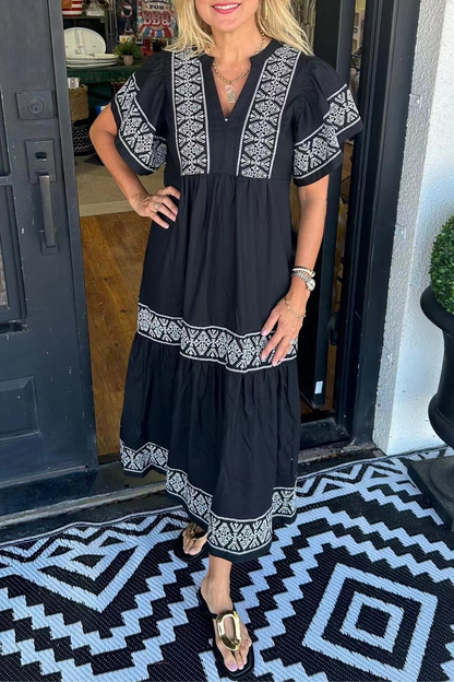 SORAYA – GEOMETRIC PRINT PATCHWORK V-NECK A-LINE DRESS