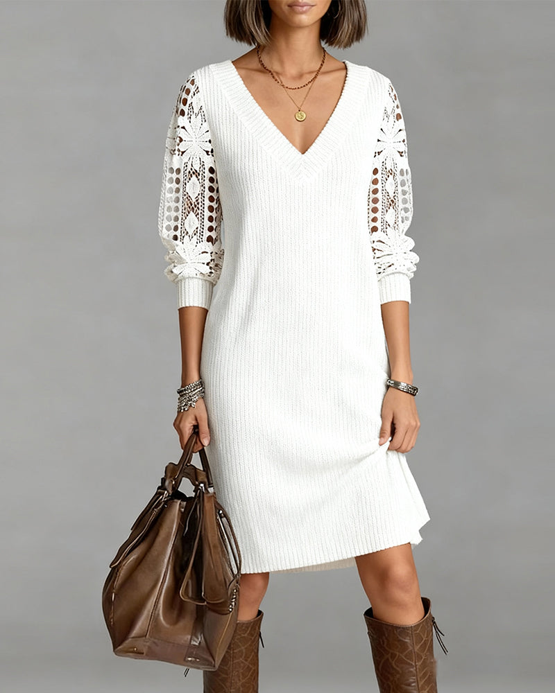 Long Sleeve Lace Dress with V-Neck