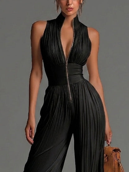 Black sleeveless V-neck jumpsuit with zipper and pleated wide legs in chiffon