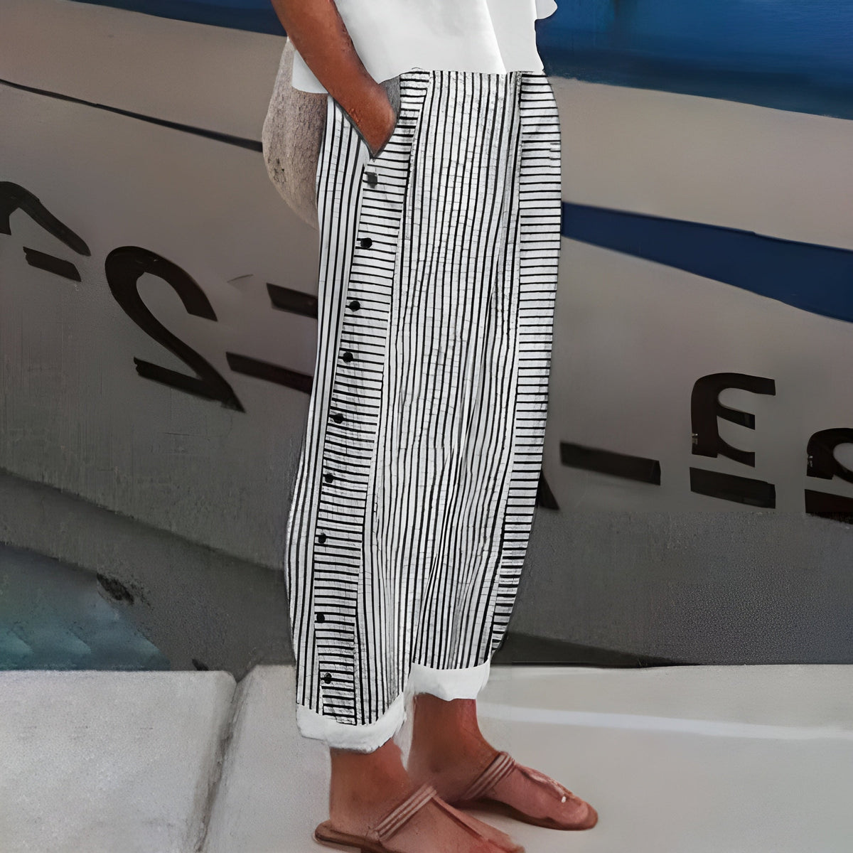 Adele  - Relaxed Striped Button-Detail Pants