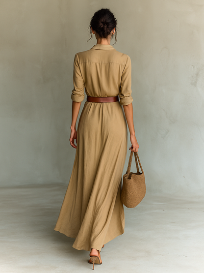 Elegant Maxi Dress with Lapels and Long Sleeves for Women