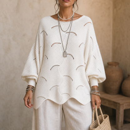 Wavelune – Openwork Wave-Knit Batwing Sweater