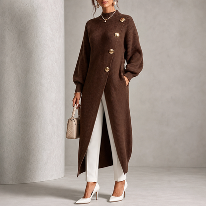 Vivelle – Asymmetric Gold-Button Bishop Sleeve Cardigan