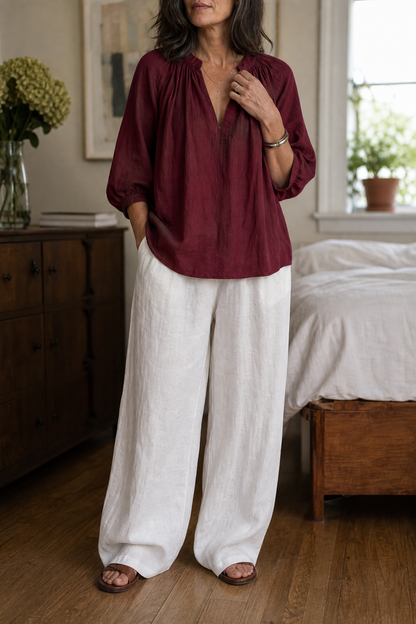 Amselle – Ruched Collar Blouse And Wide Leg Pants Set