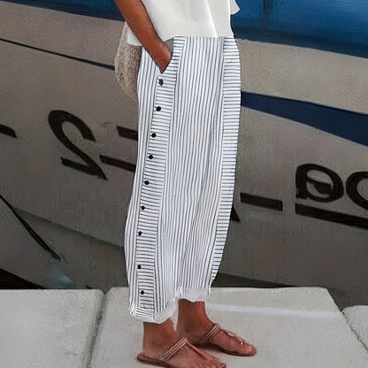 Adele  - Relaxed Striped Button-Detail Pants