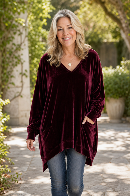 Velveau – Oversized Pocketed V-Neck Velvet Look Tunic