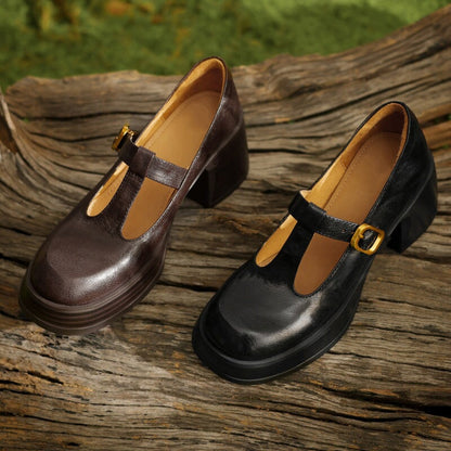 Giselle - Cowhide Round Toe Mary Jane Flats