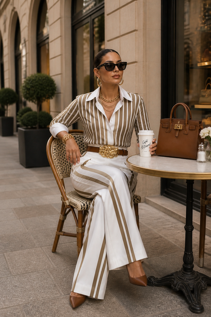 Lineleigh – Striped Wide-Leg Shirt And Pants Set