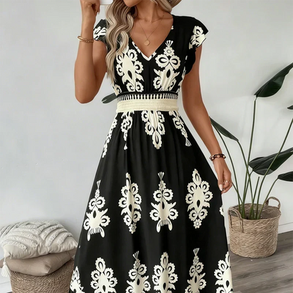 Celeste | Baroque Print Maxi Dress with V-Neck and Smocked Waist